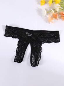 女士性感黑色半透明蕾丝拼布开裆内裤 - 黑色 - 查看 2