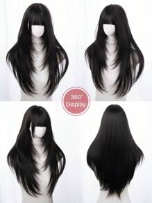 1 件合成耐热直发假发黑色，由纤维制成，适合日常使用，自然逼真的假发