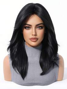 18英寸黑色侧刘海中卷合成耐热纤维假发，适合女性日常、派对、母亲节、音乐节等场合。 - 黑色 - 查看 4