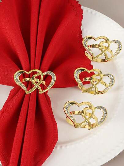 Dekoracja stołów hotelowych i restauracyjnych na Walentynki, złote obrączki na serwetki w kształcie serca, klipsy na serwetki w kształcie serca