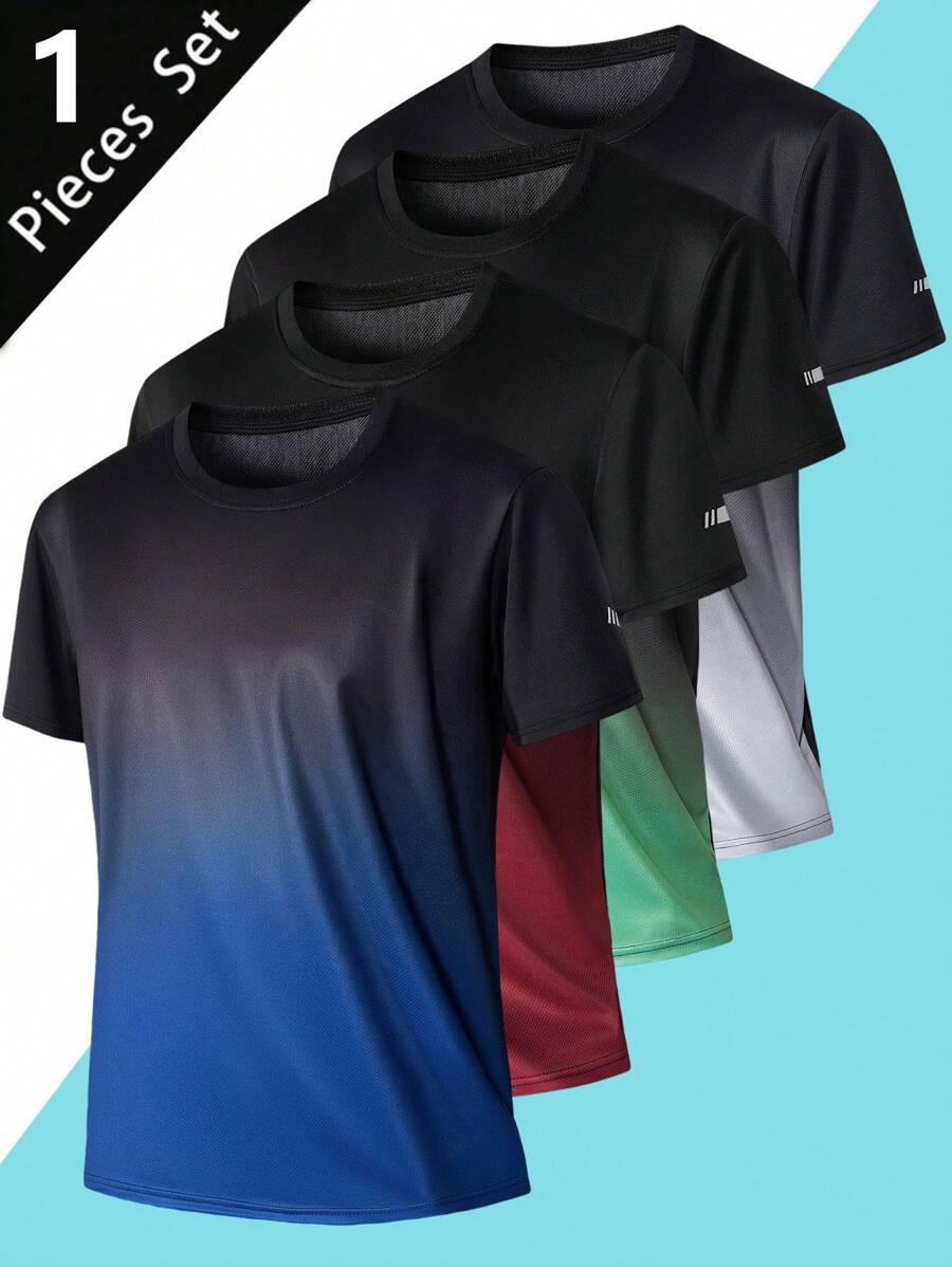 1 pieza Camiseta casual de hombre transpirable y de secado rápido con degradado, adecuada para deportes, correr, uso al aire libre en verano - Azul - Ver 1