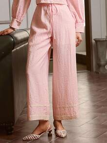 Simplee 2 件套女士夏季新款前扣蕾丝边拼接长袖上衣和系腰长裤套装，适合度假、音乐节、办公室、早午餐 - 粉色 - 查看 3