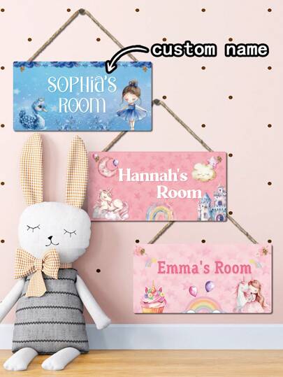 1PC No Lanyard Lovely Unicorn Princess Castle Moon Stars Custom Name Hanging Plaque For Home Decor Cartoon Personalized Name Wall Hanging Sign Bedroom Door Decor, Valentine's Day, Valentine's Day Decor Back To School Room Decor School Supplies