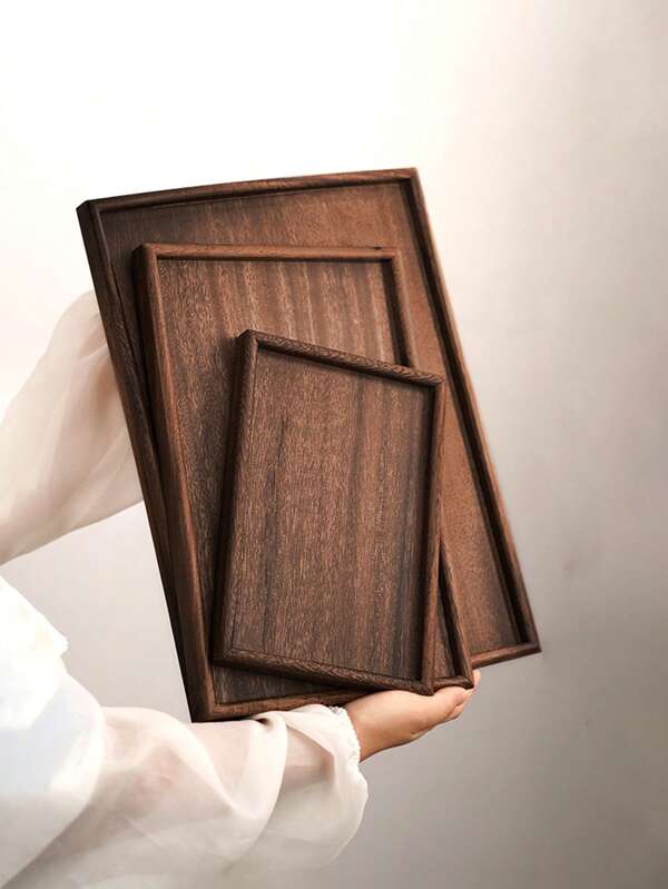 1pc/3pcs Brown Wooden Rectangular & Round Serving Tray, Household Dessert Plate, Hotel Restaurant Coffee Plate, Tea Tray, Fruit, Sushi, Steak, Bread, Snack Wood Display Platter, Clear Texture Cup Saucer