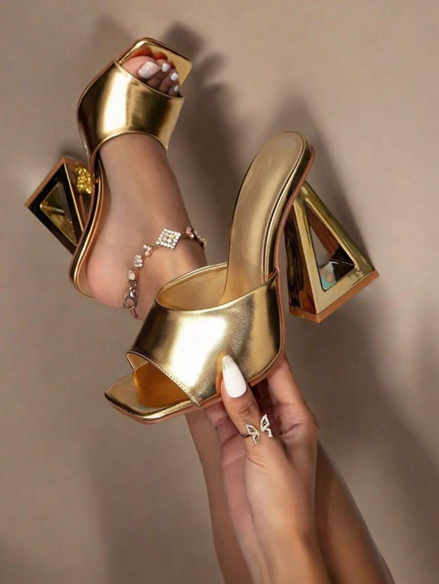 Sexy Women High Heel Sandals Peep Toe Chunky Heel Metallic Gold Elegant Luxury Dress Nightclub Bridal Summer Shoes Woman - Vàng - Xem 1