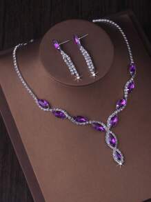 Bridal Accessories Wedding Purple Crown Chain Birthday Party Stage Performance Crown Wedding Dress Crown Headwear Necklace Earring Set - Bộ vương miện + vòng cổ + hoa tai - Xem 4