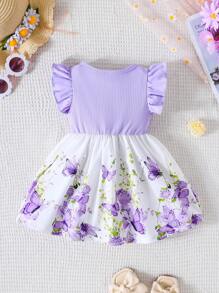 Baby Girl Summer Cap Sleeve Butterfly Print Bow Decor Waist Cute Dress - Purple - View 2