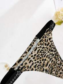 5 件女式低腰豹纹纯色无缝水钻装饰性感、舒适、优雅、成熟、迷人的女士丁字裤，法式风格