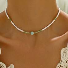 1 Piece Bohemian Style Glass Bead Necklace - Green Gold Color Accented Handmade Beaded Jewelry, Women's Daily Accessory, Versatile All Seasons - 黑與白 - 查看 1