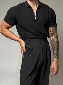 Men's Summer Half-Zip Short Sleeve Polo Shirt, Business Casual Knit Top With Collar, Stretch Fashionable