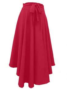 Elegant Commute Minimalist Solid Color Slit Skirt - Red - View 3