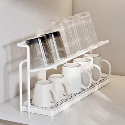 1st 2-vånings torkställ i metall med droppbricka | Kompakt utrymmesbesparande diskbänk för muggar, flaskor och bebiskoppar | Kökshylla i vit järn för bänkskiva/kontor