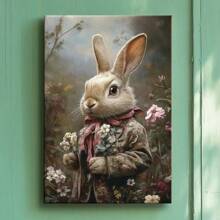 1pc Framed Wall Art, Wrapped Canvas Poster Vintage Prints, Easter Day, A White Rabbit In A Floral Suit, Home Living Room Bedroom Ofice Wall Decor, Birthday Party Decor, Hanging Hardware Included - Framed, Vertical