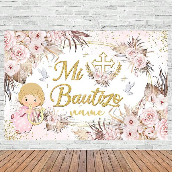 Pancarta personalizable de fondo temático de fiesta de bautizo Mi Bautizo con flores rosas, ángel lindo, bendición de Dios, tema de primera comunión, personalizable con nombre, perfecto para cabinas fotográficas y celebraciones, multifuncional, colorido, moderno, personalizado, único, regalo ideal para él, para aniversarios, San Valentín, Día de la Madre, cumpleaños, Día del Padre, graduación, bodas, inauguración de la casa, decoración del hogar