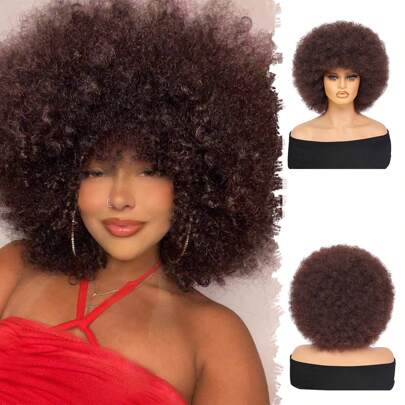 70年代非洲风情刘海假发，女士卷发假发，蓬松卷曲非洲风情假发，高品质合成大号非洲风情假发