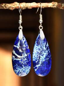 Brincos pendurados em formato de gota vintage, decoração de pedra natural, estilo boêmio retrô, enfeites de orelha para feriados, gradiente de cor, azul e verde
