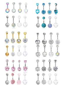 8个14G肚脐环，带锆石吊坠，人体穿刺饰品 - 彩色 - 查看 1