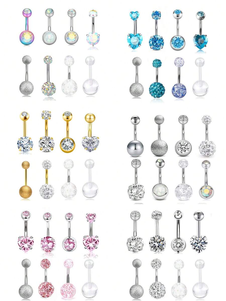 8个14G肚脐环，带锆石吊坠，人体穿刺饰品 - 彩色 - 查看 1