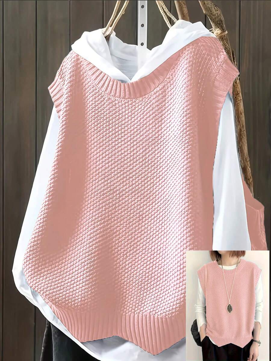 Plus Size Casual Solid Color Crew Neck Knit Sweater Vest - Dusty Pink - View 1