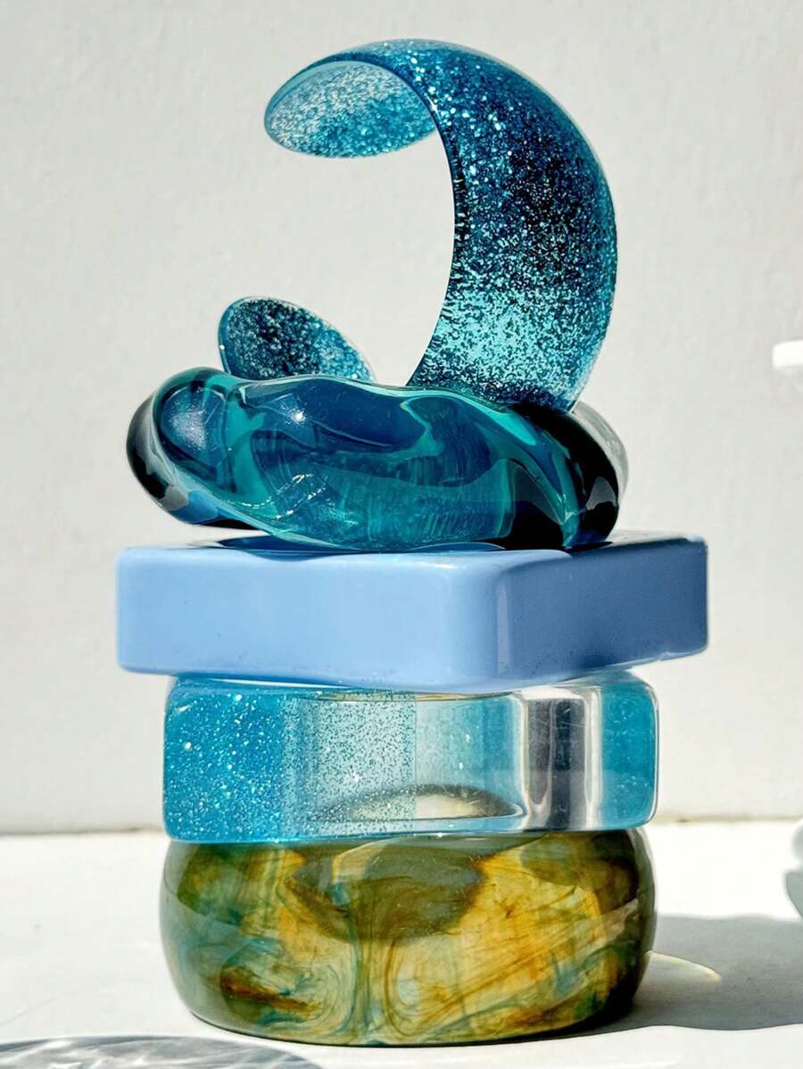 1 件闪亮透明绿色和蓝色扎染几何不对称树脂手链，夏季海滩度假装饰 - 彩色 - 查看 1