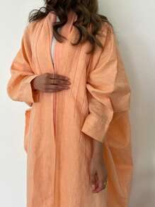 1 件女士纯色简约长款 Abaya，优雅适度休闲开衫，线条装饰拼接艺术感，高端亚麻面料柔软光泽丝滑适度适合日常穿着，长袍