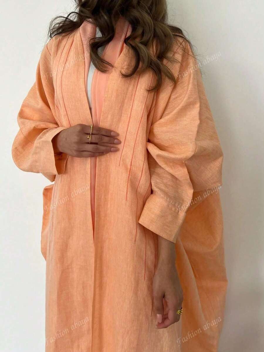 1 pieza Abaya larga de unicolor minimalista para mujer, cárdigan elegante y modesto casual con decoración de línea y empalme con toque artístico, de tela de lino de alta calidad con brillo sedoso y suave, apropiado para uso diario, kaftan.