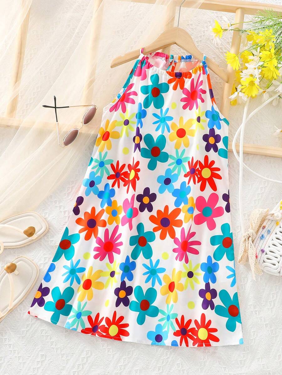 女童连衣裙，女童吊带裙，少女连衣裙，假日无袖沙滩装，假日彩色印花露肩梭织连衣裙，沙滩，春夏，适合派对，礼物 - 白色 - 查看 1