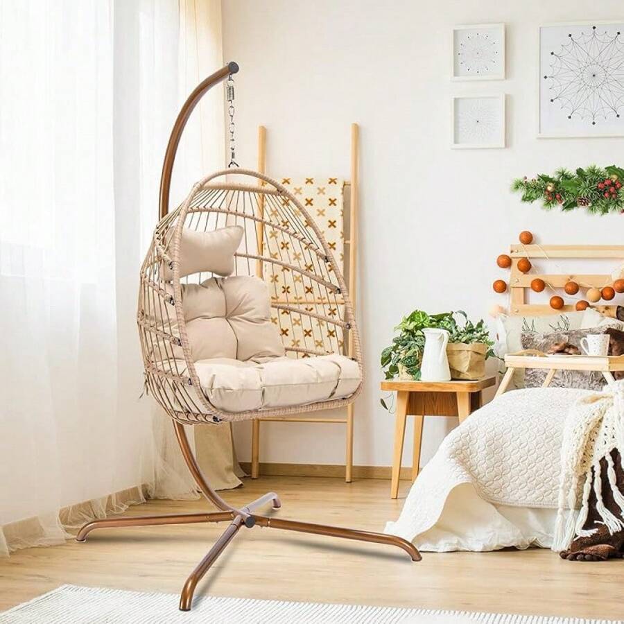 Cozy Hanging Egg Chair With Stand Indoor Outdoor, Wicker Patio Basket Swing Chair With Cushion And Golden Legs, 350lbs Durable Sturdy Egg Hammock Chairs For Deck Balcony Backyard Porch, Golden/Beige