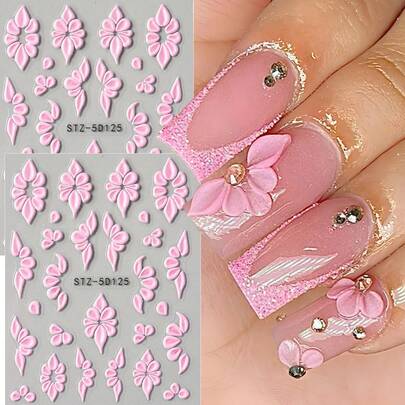 FULL BEAUTY 2 件粉色 5D 浮雕花瓣藤蔓美甲贴纸贴花，自粘优雅指甲春夏花卉美甲用品美甲设计装饰配件