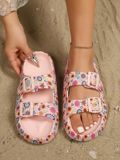 女士厚底豹纹平底拖鞋，可调节带子，双扣休闲沙滩拖鞋，加大码，适合度假、旅行、居家、宿舍，个性化印花凉鞋