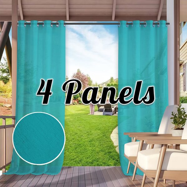 4 Panels Natural White Sheer Linen Textured Curtains For Patio, Waterproof/ Rustproof Grommet Top Semi Sheer Treatment Semitransparent Balance Privacy & Light Vertical Flax Sheer Drapes For Porch, Pergola, Gazebo, Cabana, Pool