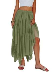 Women's Casual Flowy Bohemian Maxi Skirt With Asymmetric High-Low Hem - xanh quân đội - Xem 2