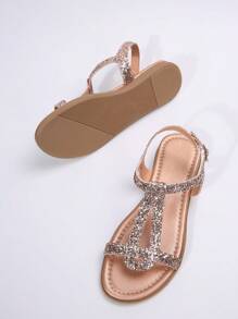 Wedge Sandals For Women With Round Toe,Glitter,Ankle Strap,Buckle - Rose Gold - View 10