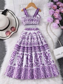 Young Girl' Retro Sleeveless Top And Long Skirt 2Pcs Set, Summer