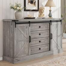 4 Drawer Farmhouse Dresser, 59" Wood Dressers With Sliding Barn Doors, TV Stand With Large Drawers & Bar Handles, Dressers & Chests Of Drawers For Closet, Bedroom,Living Room - Dead Wood Gray - View 8