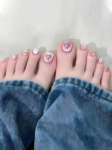 24 miếng dán móng tay vuông ngắn, họa tiết chấm bi Pháp và nơ bướm mắt mèo, trang trí móng chân DIY ngọt ngào và tươi mới, phù hợp cho mọi dịp. - Nhiều màu - Xem 1