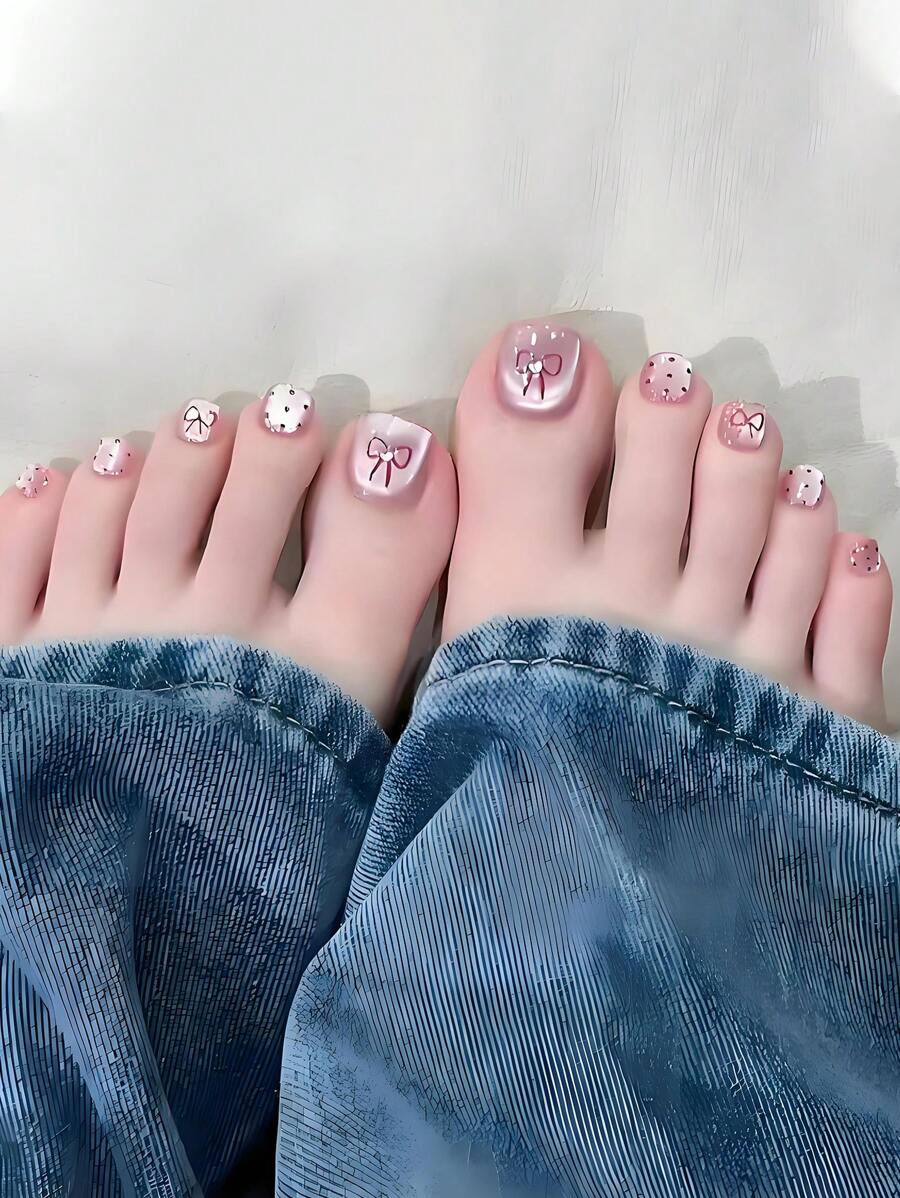 24 miếng dán móng tay vuông ngắn, họa tiết chấm bi Pháp và nơ bướm mắt mèo, trang trí móng chân DIY ngọt ngào và tươi mới, phù hợp cho mọi dịp. - Nhiều màu - Xem 1