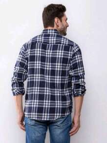 Men's Long Sleeve Plaid Flannel Shirt - 藏蓝色 - 查看 4