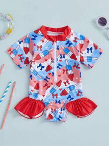 Baby Girl Rash Guard Swimsuits Short Sleeve Round Neck Ruffle Bathing Suit Toddler Swimwear - Multicolor - View 6