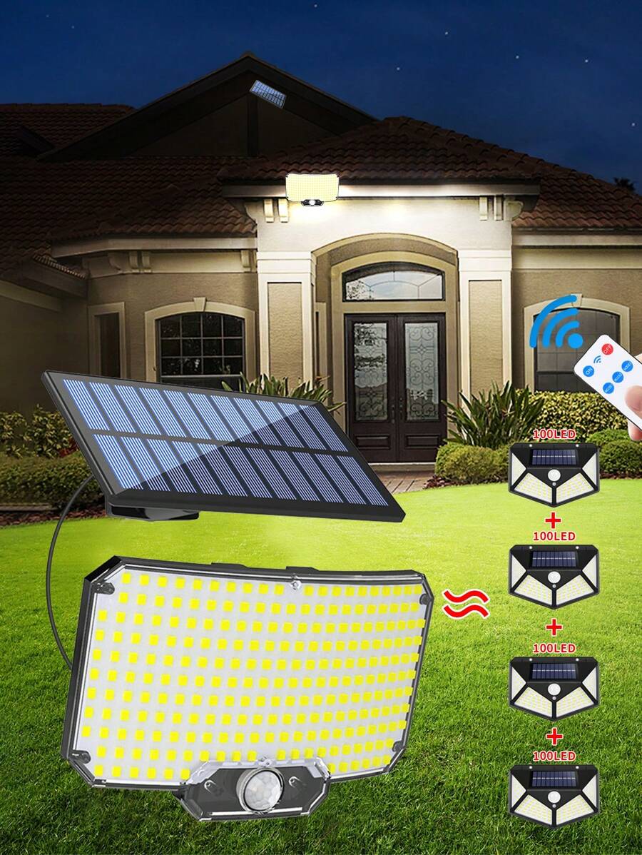 1个/2个户外太阳能感应灯，8000流明，234颗LED聚光灯，带遥控器，3种照明模式，可拆卸太阳能板，便携式，易于安装，无线泛光灯模拟安防摄像头，适用于酒店、门廊、花园、庭院、车道等场所。（1个234颗LED/2000mAh太阳能板相当于4个100颗LED/1200mAh太阳能板）