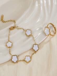 2pcs/Set Stainless Steel 5-Petal Flower Bracelet & Ring Set, Elegant Design For Everyday Wear - Five-leaf Flower - View 6