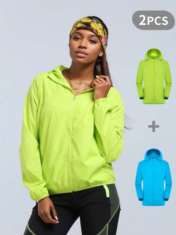 2 Pcs Women's Lightweight Breathable Textured UV Protection Jacket Outdoor Sports Casual Coat [With Storage Bag], Lime Green + Sky Blue