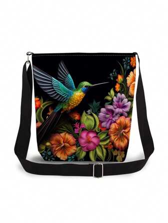 Vibrant Hummingbird Print Pattern Messenger Bag, Unisex Reusable Shoulder Bag, Casual Fashion Crossbody Bag, Floral & Animal Print Storage Pouch, Portable Shoulder Bag, Party Gift, Great For Hummingbird Enthusiasts
