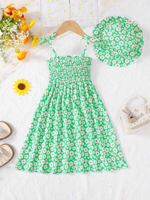 MommBaby Mommbabay Girls Summer Bowknot Suspender Dress, Young Girl Cute Sleeveless Daisy Floral Fashion Casual Sundress With Hat