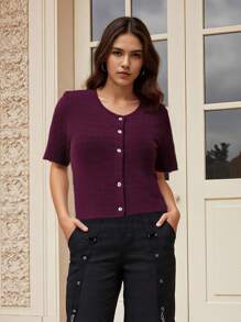 Women's Solid Color Cardigan Short Sleeve Round Neck Button Down Sweater Knit Tops - Burdeos - Ver 5