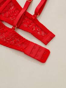 性感内衣，时尚花卉蕾丝文胸内裤套装，无钢圈文胸内裤 - 紅色 - 查看 6