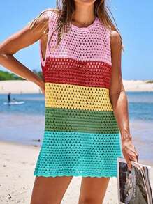 Womens Swimsuit Cover Up Sleeveless Knit 2025 Summer Outfits Swimwear Bathing Suit Coverup Crochet Backless Hollow-Out  Beach Dress - 彩色 - 查看 4