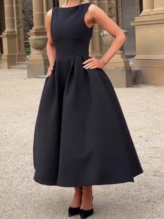 Women's Elegant Open-Back V-Neck Cinched Waist A-Line Dress