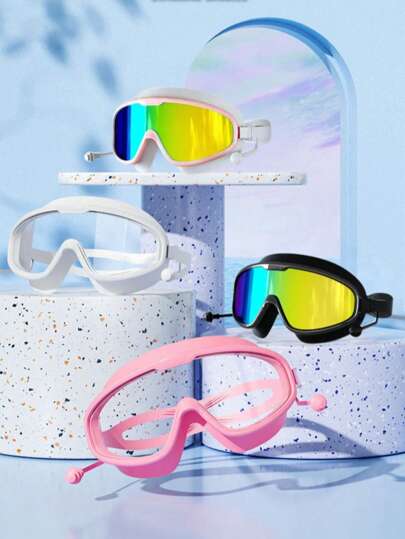 多色硅胶游泳耳塞和泳镜套装，成人高清宽框防雾防水可调节游泳镜