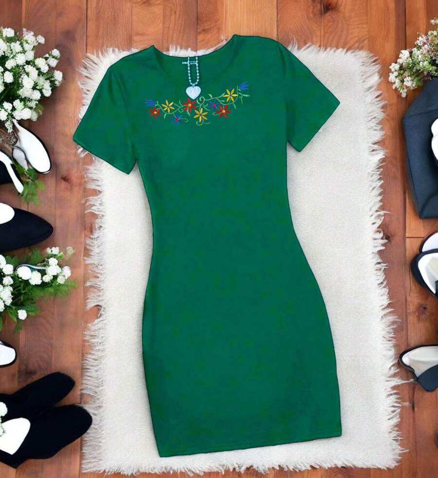 Women's Straight Dress With Embroidered Flower Creeper Design - Green - View 1